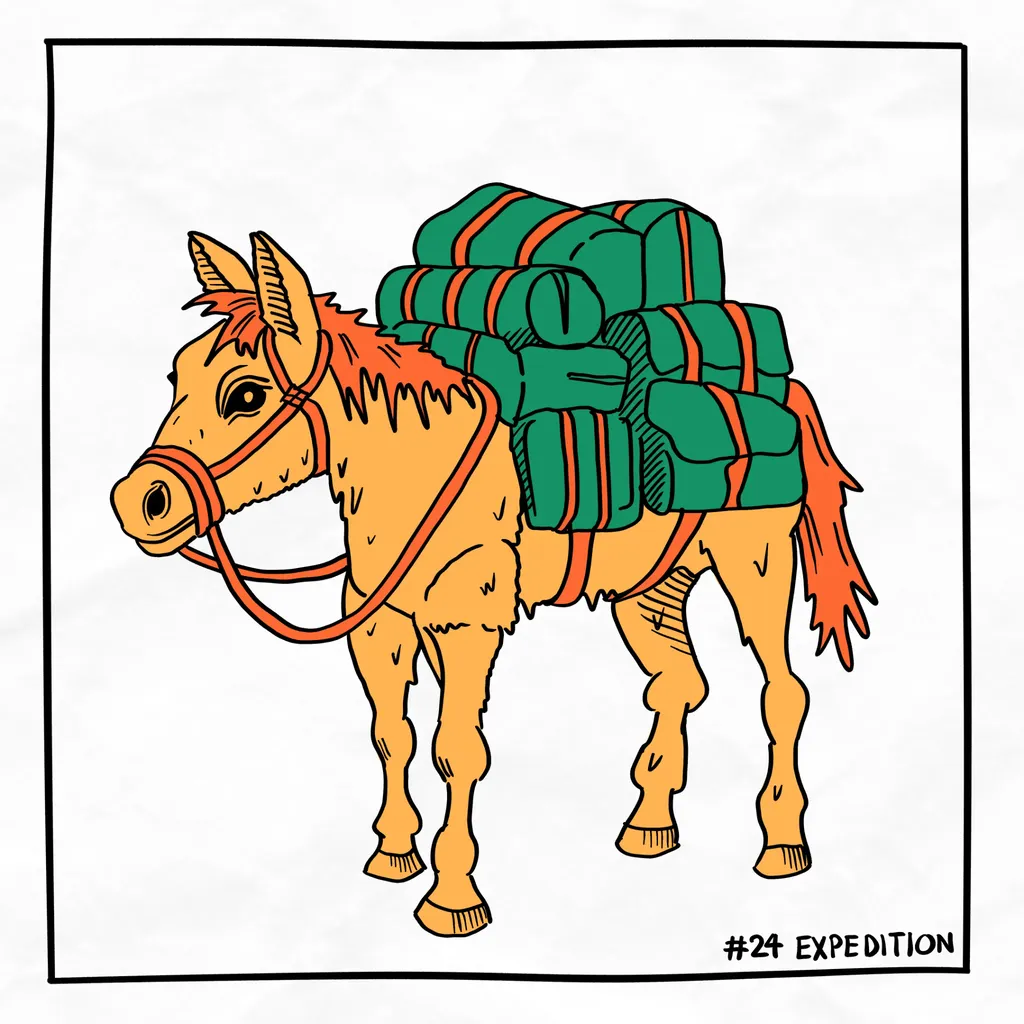 A mule carrying a load of bags