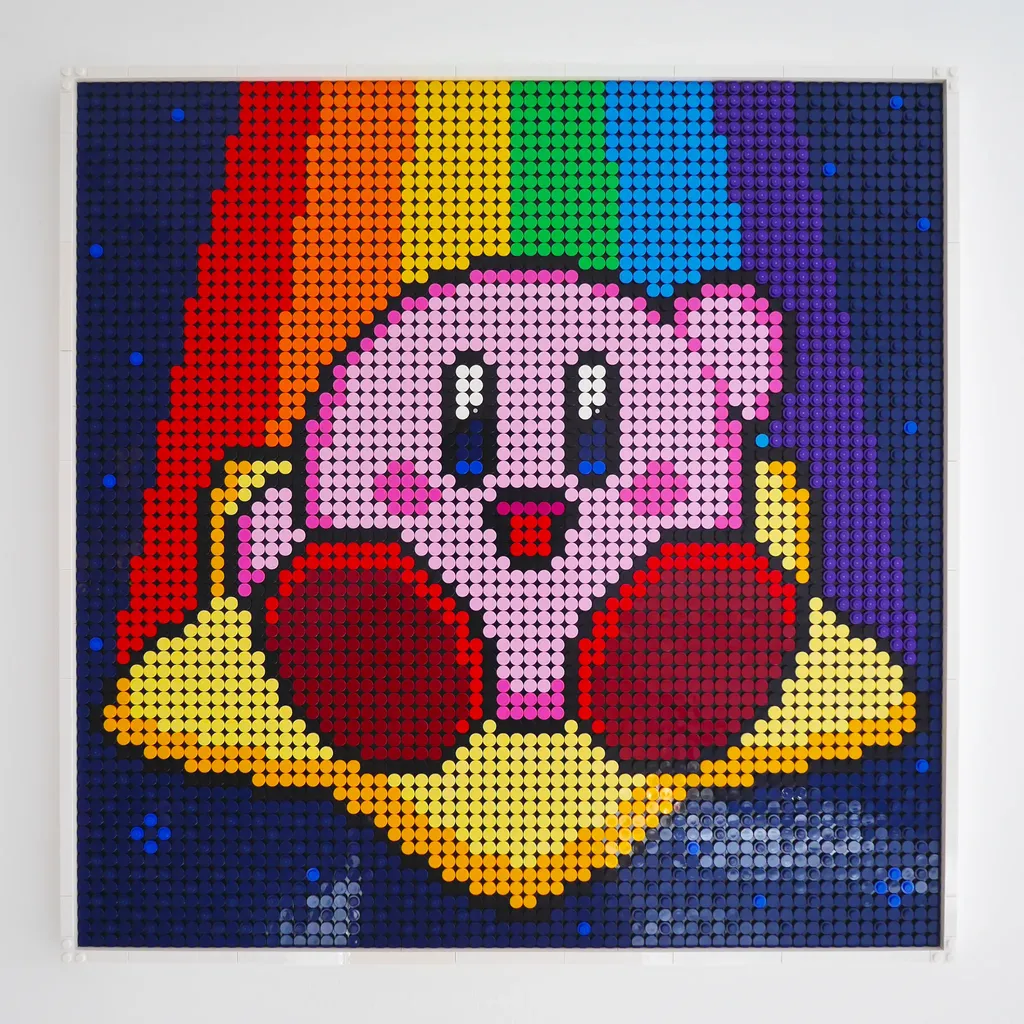 Lego Kirby artwork hanging on wall