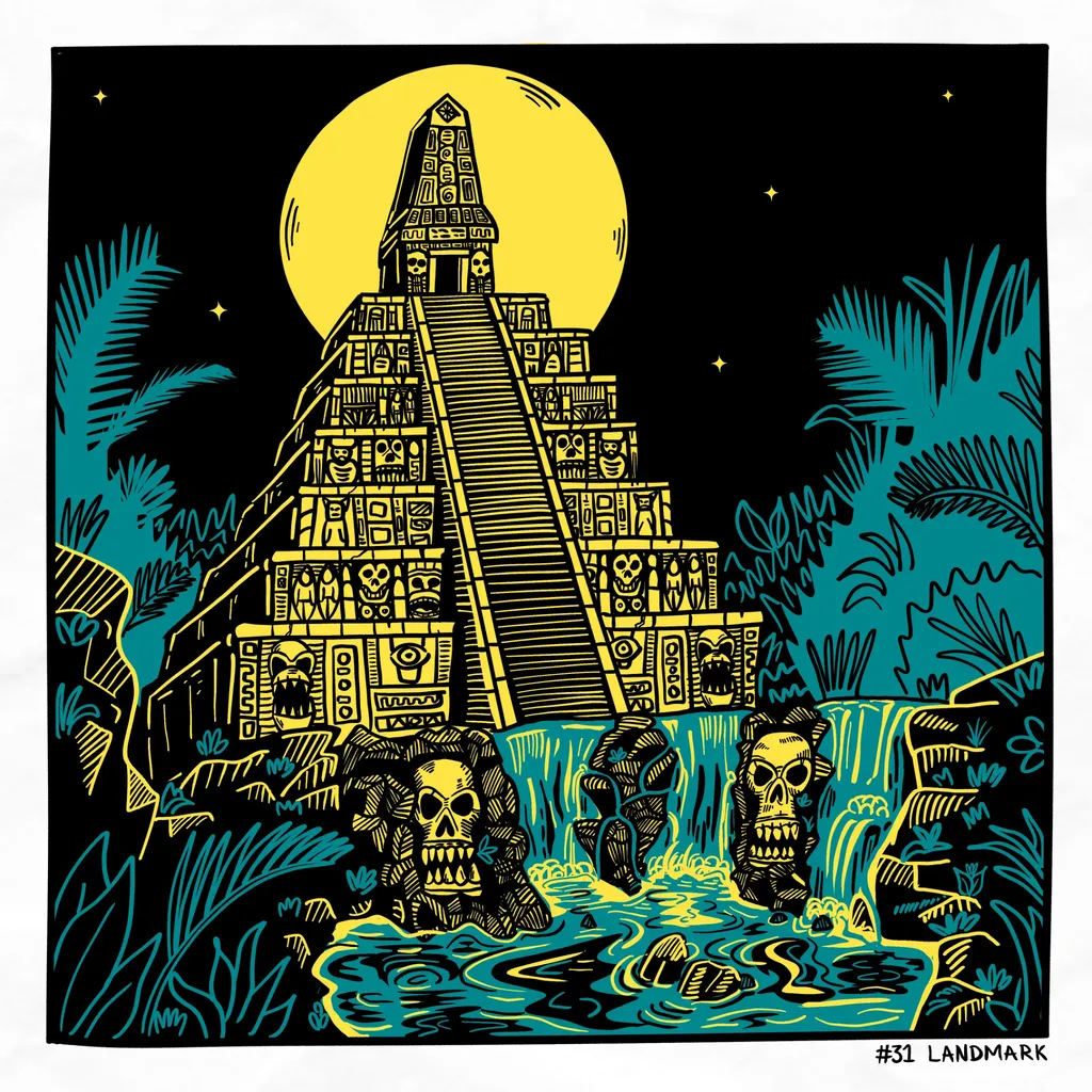 A large aztec looking temple in the depths of the jungle.