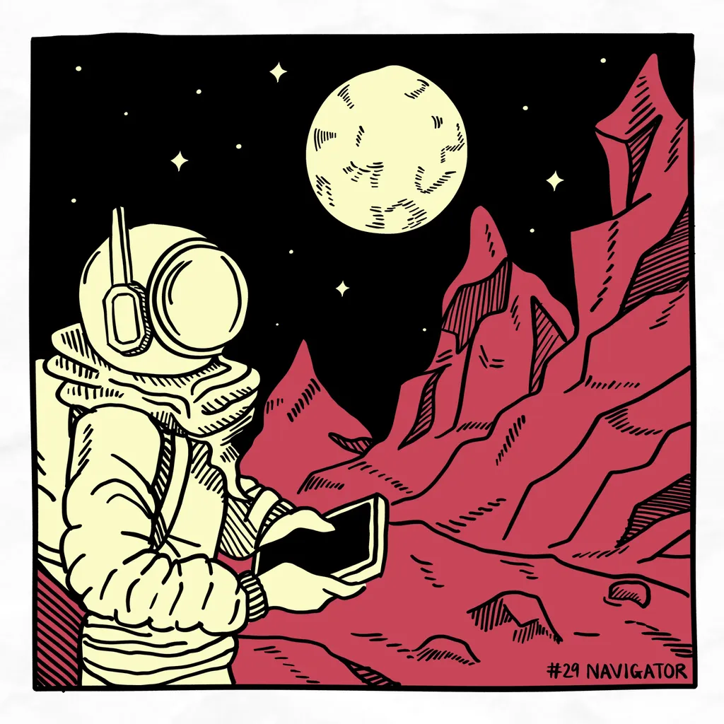 A space traveler consulting a digital map