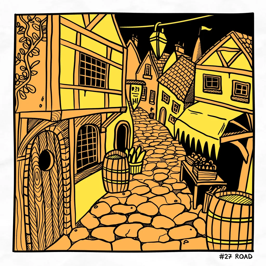 A cobbled road lined with a tavern and bustling shops