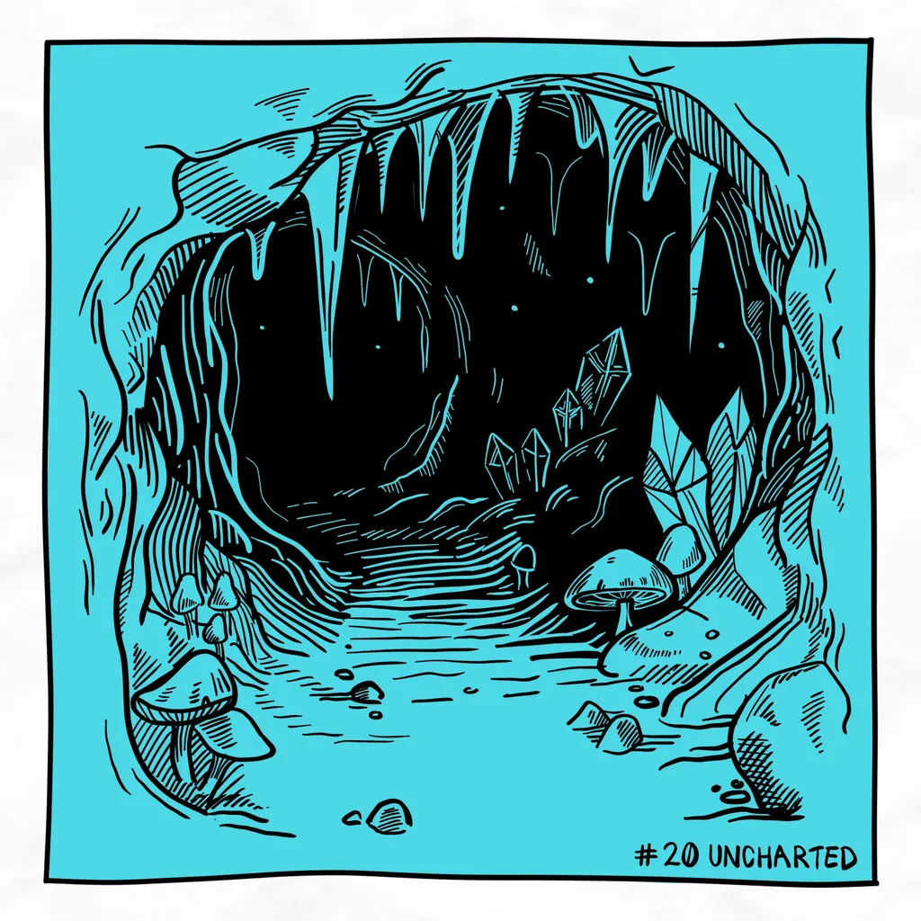 A dark cave with glistening crystals